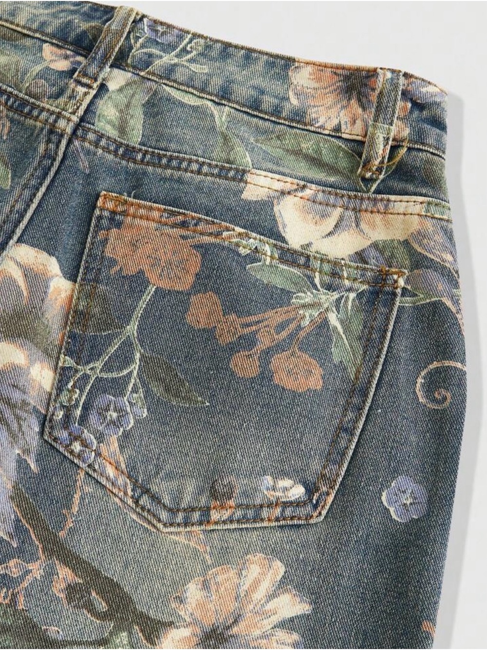 Floral Wide Leg Denim Jeans - Green Floral Print - Picture 2 of 4